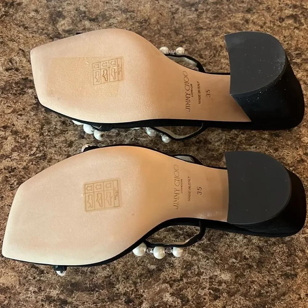 Jimmy Choo Amara 85mm Pearl Straps Suede Block Heels Mules NEW EU 35 US 5
